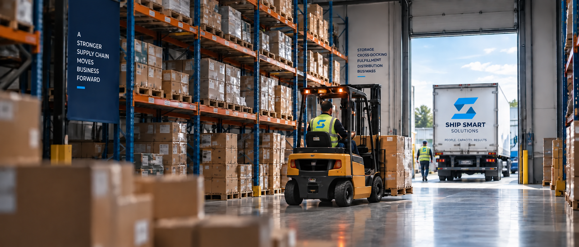 Warehouse dock with trucks and freight ready for loading
